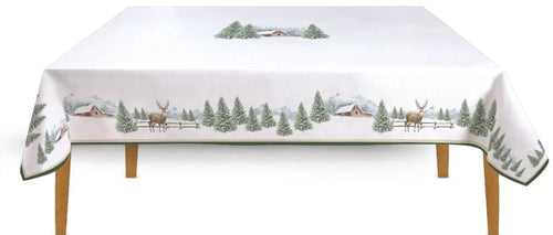 Tischdecke 145x180 mit winterlichem Motiv, Winterwald mit Hütte, Schnee, Hirschen.